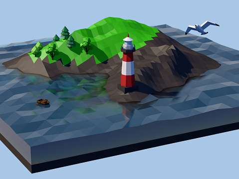 Stylized cartoon low-poly 3d illustration of a seascape with a lighthouse.