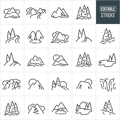 A set of mountains icons that include editable strokes or outlines using the EPS vector file. The icons include a stylized snowcapped mountain range with clouds behind, mountain range with river running down from them, majestic mountains, pine trees in the mountains, river flowing with pine trees on the bank, waterfall flowing from mountain peak, mountains with grassy meadow and clouds, trail on hillside in the mountains with pine trees, snowy mountain with pine trees covered in snow, hiking trail in the mountains, snowcapped mountain range with sun in the background, mountain scene with tent on the valley floor, mountain lake with pine trees, rocky mountain with cloudscape and trees, majestic cliff canyon with bird, snow-covered pine trees on snowy hill, avalanche on snow covered mountain and other related icons.