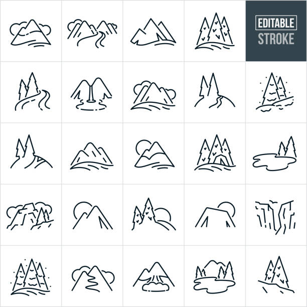 Mountains Thin Line Icons - Editable Stroke - Icons Include Mountains, Mountain Range, River, Stream, Pine Trees, Snowcapped Mountain, Valley, Waterfall, Lake, Canyon, Cliff, Forest, Tranquil Scene, Majestic, Mountain Peak A set of mountains icons that include editable strokes or outlines using the EPS vector file. The icons include a stylized snowcapped mountain range with clouds behind, mountain range with river running down from them, majestic mountains, pine trees in the mountains, river flowing with pine trees on the bank, waterfall flowing from mountain peak, mountains with grassy meadow and clouds, trail on hillside in the mountains with pine trees, snowy mountain with pine trees covered in snow, hiking trail in the mountains, snowcapped mountain range with sun in the background, mountain scene with tent on the valley floor, mountain lake with pine trees, rocky mountain with cloudscape and trees, majestic cliff canyon with bird, snow-covered pine trees on snowy hill, avalanche on snow covered mountain and other related icons. butte rocky outcrop stock illustrations