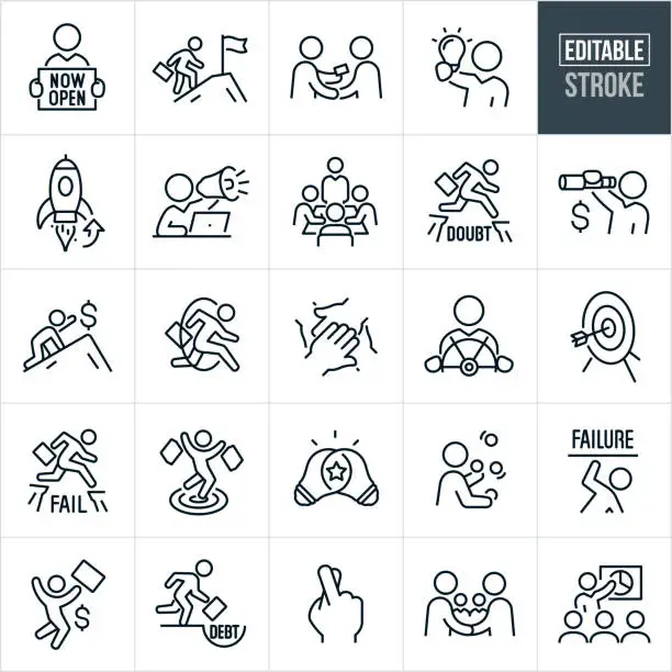 Vector illustration of Entrepreneur Thin Line Icons - Editable Stroke - Icons Include an Entrepreneur, Entrepreneurship, Small Business, Business Owner, Business Start-up, Businessman, Businesswoman, Capital, Investment, Overcoming Obstacles, Success, Making Money, Customer, Bu