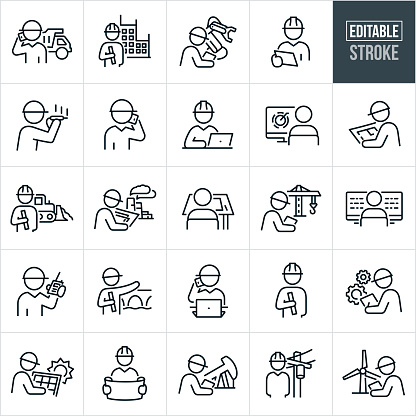 A set of engineers icons that include editable strokes or outlines using the EPS vector file. The icons include engineers, an engineer standing next to a dump truck while on the phone, engineer holding a blue print with a business building being constructed in the background, mechanical engineer with tablet while examining a robot arm used in manufacturing, engineer wearing a hard hat and looking over plans, electrical engineer working on circuitboard, engineer wearing a hard hat and talking on the phone to a client, engineer on computer and wearing a hard hat, engineer drafting on computer, construction engineer reviewing a blueprint with a floor plan, construction engineer at a construction site holding a blueprint with a bulldozer in the background, chemical engineer at an oil refinery reviewing blueprint, engineer at drafting table, construction engineer reviewing plans on tablet PC with a construction crane in the background, software engineer writing code on the computer, engineer using a two-way radio to communicate, civil engineer standing next to a newly constructed bridge while holding a blueprint, engineer talking on phone while at computer working, engineer wearing a hardhat and holding a rolled up blueprint in hand, mechanical engineer with cogs, electrical engineer working with a solar panel, engineer reviewing a blueprint, petroleum engineer at oil refinery doing an inspection, drilling engineer standing near a pump jack and holding tablet PC, electrical engineer on job site with a power line in the background and a mechanical engineer working with a wind turbine.