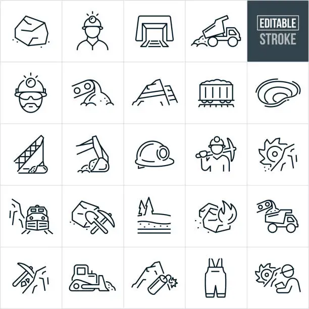 Vector illustration of Coal Mining Thin Line Icons - Editable Stroke - Icons Include - Coal, Coal Mine, Coal Mining, Coal Miner, Fossil Fuel, Fuel Generation, Fuel And Energy, Mining, Coal Extraction, Natural Resource, Heavy Equipment, Mine Shaft