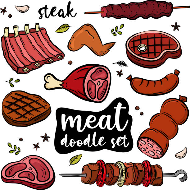 Hand drawn doodle set of meat and poultry Hand drawn doodle set of meat and poultry. Colorful vector illustration set vienna sausage stock illustrations