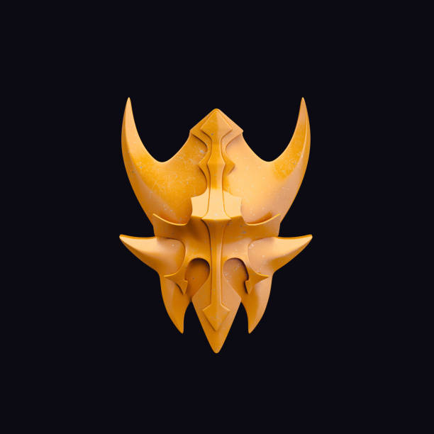 istock Yellow painted iron shield, old damaged knight armor for protection and guarding. Ancient yellow shield for defense, 3d rendering 1448562408