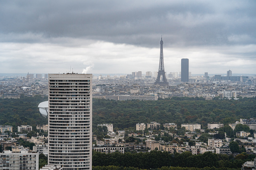 Paris La Defense business district cityscape wide view with Eiffel Tower