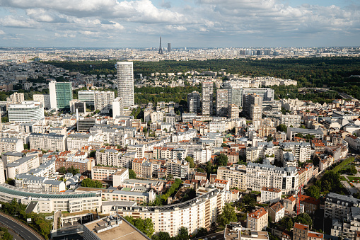 Paris La Defense business district cityscape wide view with Eiffel Tower