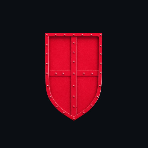 Crimson shield, medieval knight armor for guarding. Ancient defense armor, red shield, against brutal and fatal attacks, 3d rendering, nobody