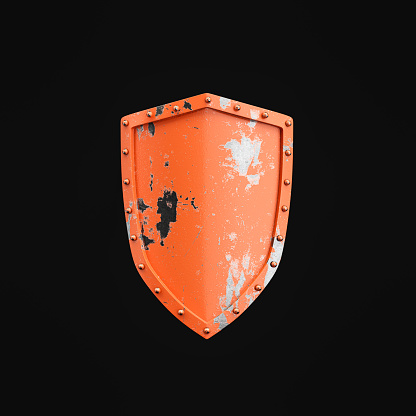 Iron shield with damaged orange painting. Warrior shield, medieval knight armor. Ancient defense armor against brutal and fatal attacks, 3d rendering, nobody