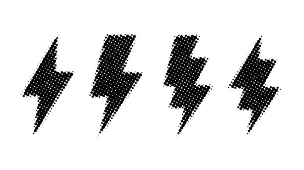 ilustrações, clipart, desenhos animados e ícones de conjunto de raios de meio-tom. coleção black grunge thunderbolt. símbolos de flash texturizados. sinais cômicos de relâmpagos. ilustração vetorial - lightning strike
