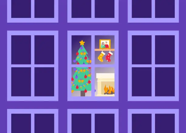 Vector illustration of Building exterior with christmas decorated room