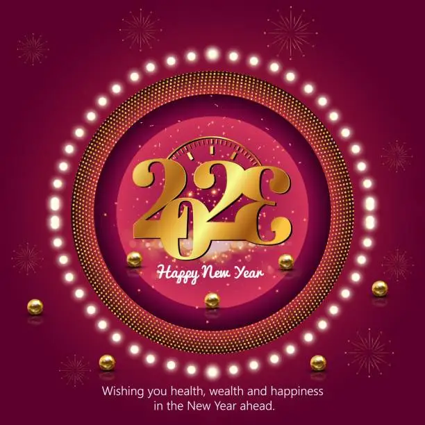 Vector illustration of Happy new year 2023. Festive design festive realistic decoration. Celebrate party 2023, Web Poster, banner, cover card, brochure, flyer, and layout design.