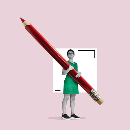 The woman with a large pencil in her arm. Art collage.
