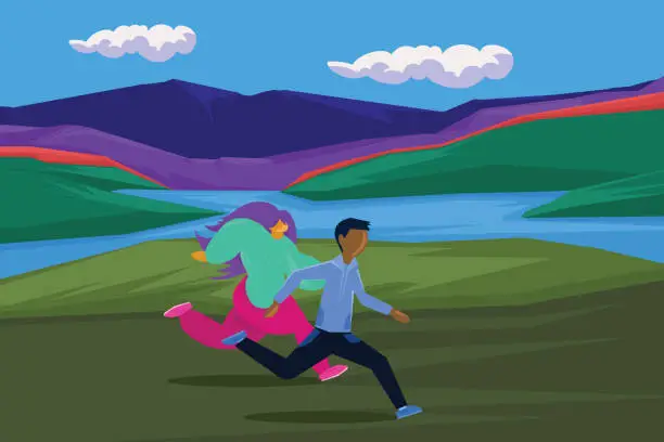 Vector illustration of Woman and a man run in a nature.