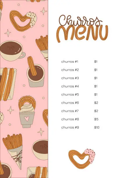 Vector illustration of Cute chorrus menu template with various Latin American traditional bakery and pastry. Vector hand drawn cartoon or sketch style illustration.