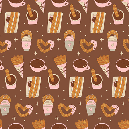 Seamless pattern with latin american churros. Mexican or Spanish traditional dessert. Churros on chocolate background. Traditional Mexican pastries. Endlessly repeating churros. Vector illustration