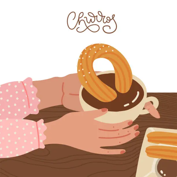 Vector illustration of Female hands holding churros dip in chocolate sauce. Flat vector illustration. Churro cafe isolated concept