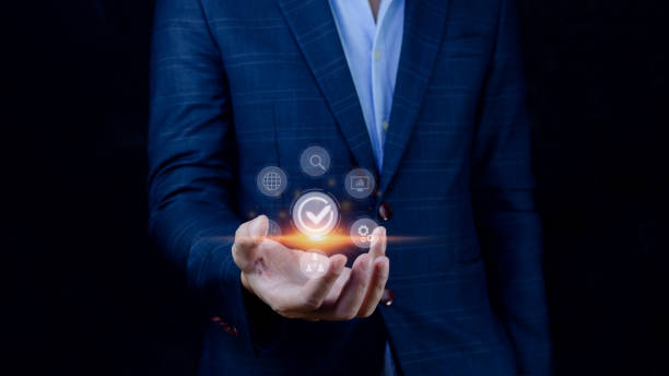 istock Quality management with Quality assurance or QA and Quality control or QC and improvement. Standardization and certification concept. compliance to regulations and standards. concept with manager. 1448566776