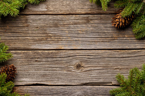 istock Christmas Fir tree branches and pine cones on wood 1448568017