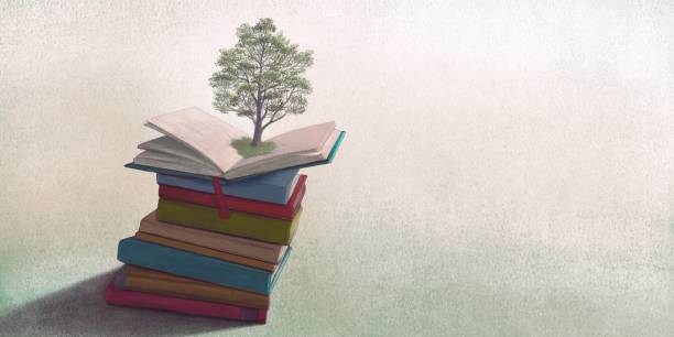 istock Books of life and a tree. Concept art of education, learning, reading, wisdom, study, school and imagination. creative backgrond, 3d illustration. Surreal artwork. Conceptual drawing. 1448569342