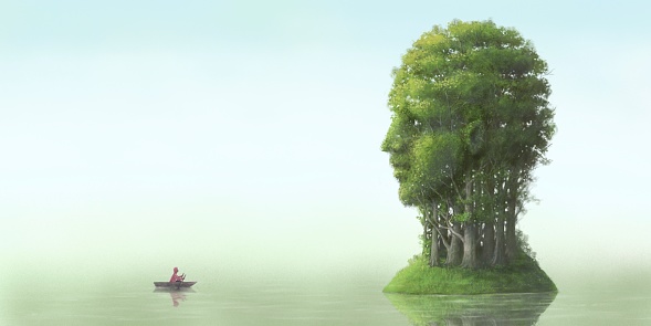 Concept art of environment, life, nature, spiritual, ecology, brain, mental health, tranquility, calm, peaceful and hope. Conceptual artwork. surreal landscape painting. The forest of human head.