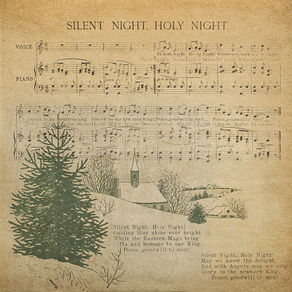 Christmas carol. Grungy paper background. Old music sheet of Silent Night
