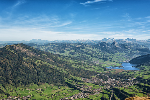 View from top of Mount Rigi in east direction with Lauerzersee and Wildspitz