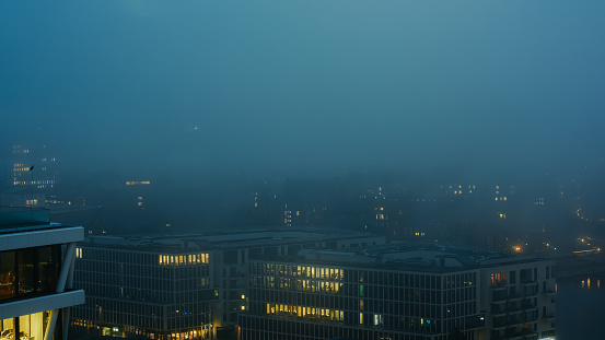 Panoramic areal view of a misty night in Berlin