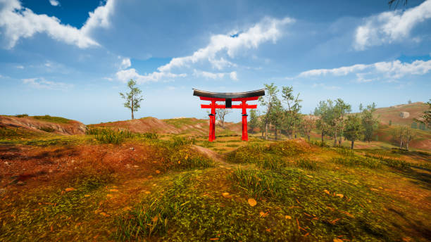 istock Graphic resources for sustainable development goals, biodiversity, a growing economy and ecology. 3D render with Torii gate 1448574255