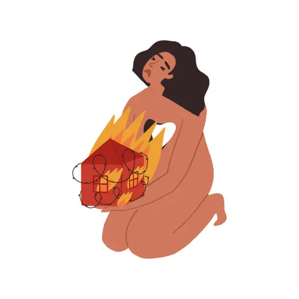 Vector illustration of A young naked woman with her heart tear out cries and holds a burning house in barbed wire on fire. The concept of a lost home, totalitarianism and political prisoners, forced refugee, and psychological trauma of the witness