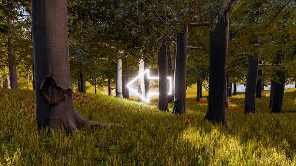 istock 3D wallpaper with forest environment with left arrow, trees and vegetation 1448574355