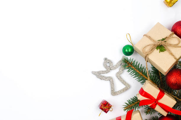 istock Christmas background with gift boxes red baubles and ribbon 1448576192
