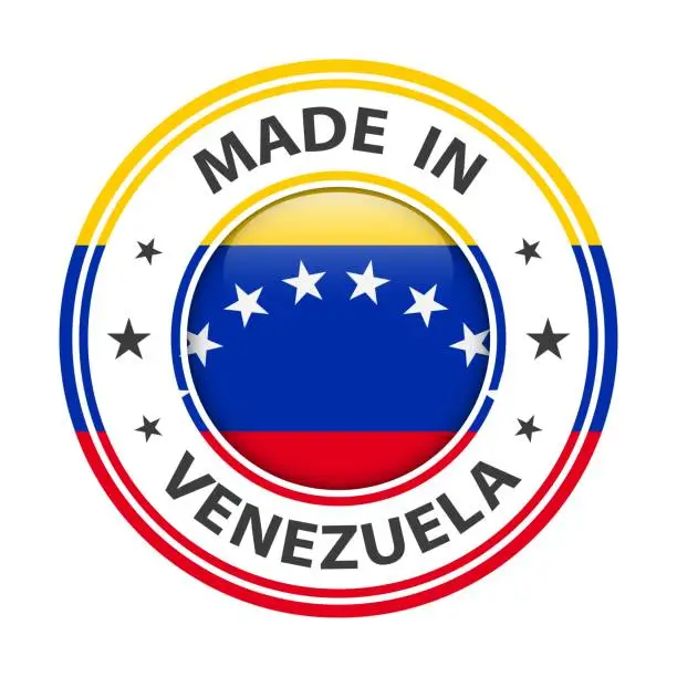 Vector illustration of Made in Venezuela badge vector. Sticker with stars and national flag. Sign isolated on white background.