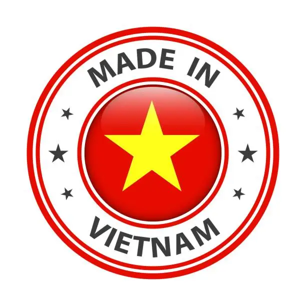 Vector illustration of Made in Vietnam badge vector. Sticker with stars and national flag. Sign isolated on white background.