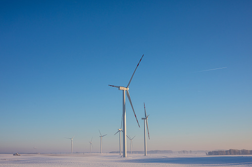 A landscape photo of wind turbines in a wind far, taken during winter, no clouds in the sky.