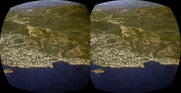 Stereoscopic, 3D, VR view from an airplane of the French Riviera city of Nice , France.