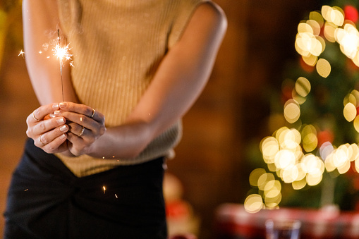 Cut out shot of unrecognizable, elegant young woman standing in her beautifully decorated living room, celebrating Christmas and holding a sparkler.