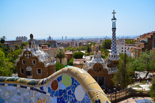 Barcelona cityscape on sunny summer day, travel destination and vacations concept. Details of public Park, Barcelona Spain.