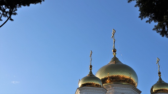 three gilded domes with Orthodox crosses against a clear blue sky framed by tree branches as a religious background with copy space, abstract banner on the theme of Orthodoxy