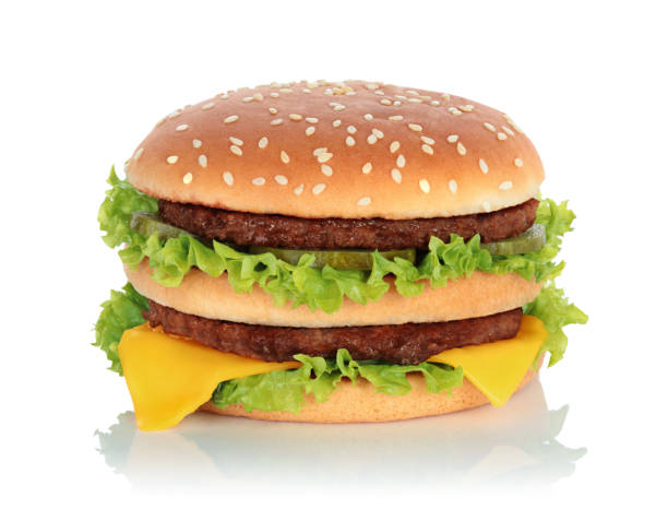 istock Big hamburger with two beef cutlets on white background 1448587293