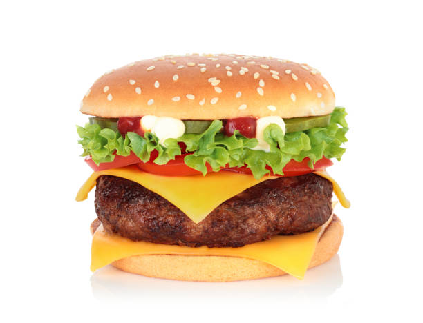 istock Big hamburger with big beef cutlet on white background 1448587305