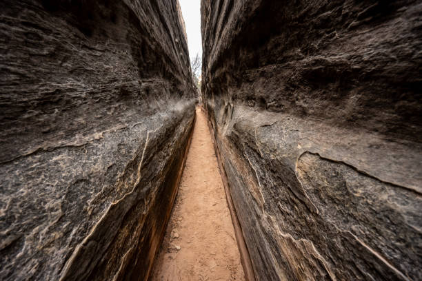 Dark Walls Run Parallel Along Narrow Slot Canyon Dark Walls Run Parallel Along Narrow Slot Canyon in Canyonlands constricted stock pictures, royalty-free photos & images