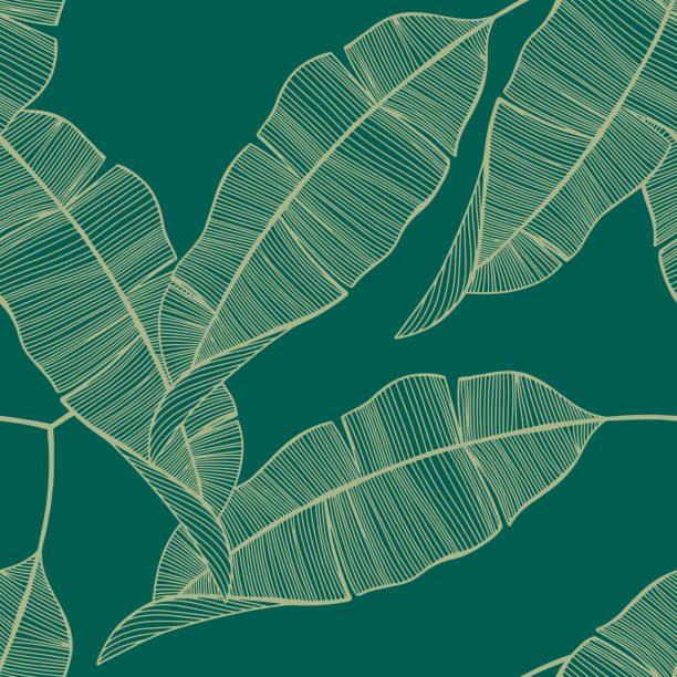 Seamless tropical pattern with banana leaves Seamless tropical pattern with banana leaves. Retro linear background with green plants. Line art. Vector illustration banana leaf stock illustrations