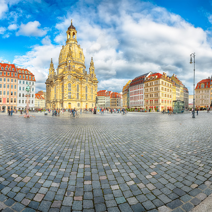 Fantastic view of  of Baroque church - Frauenkirche at Neumarkt square in downtown of Dresden. Popular tourist destination. Location: Dresden, state of Saxony, Germany, Europe
