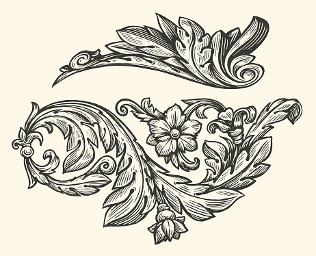 Ornate swirling floral motif. Decorative floral design elements. Pattern vector illustration in vintage engraving style