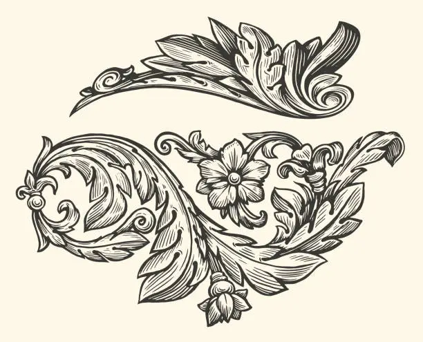 Vector illustration of Ornate swirling floral motif. Decorative floral design elements. Pattern vector illustration in vintage engraving style