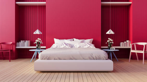 viva magenta schlafzimmer innenfarbe des jahres 2023 - 3d-rendering - showcase interior home decorating chair pink stock-fotos und bilder