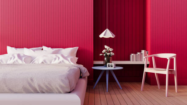 viva magenta bedroom interior color of the year 2023 - 3d rendering - viva magenta stok fotoğraflar ve resimler