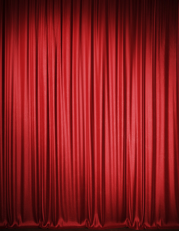 Red velvet stage curtain. Vertical composition. 3D rendering.