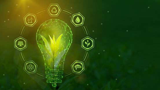 Net zero. Renewable energy sources, sustainable resources. A tree sprout in a symbolic light bulb surrounded by symbols of green energy. Low-poly frame design. Copy Space