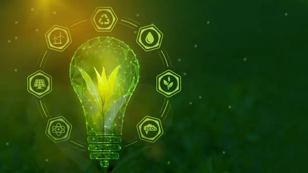 Photo of A tree sprout in a symbolic light bulb surrounded by symbols of green energy. Renewable energy sources, sustainable resources. Low-poly frame design